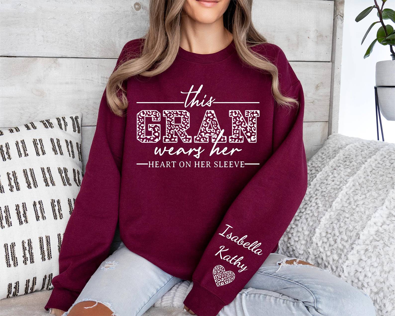 This Gran Wears Her Heart On Her Sleeve-Custom Sweatshirt With Kids Name